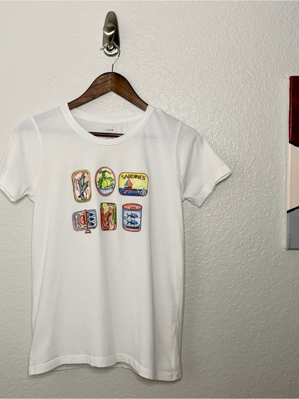 J.Crew Collector Tee Sardine Fish Tin Graphic White T-Shirt Size Small